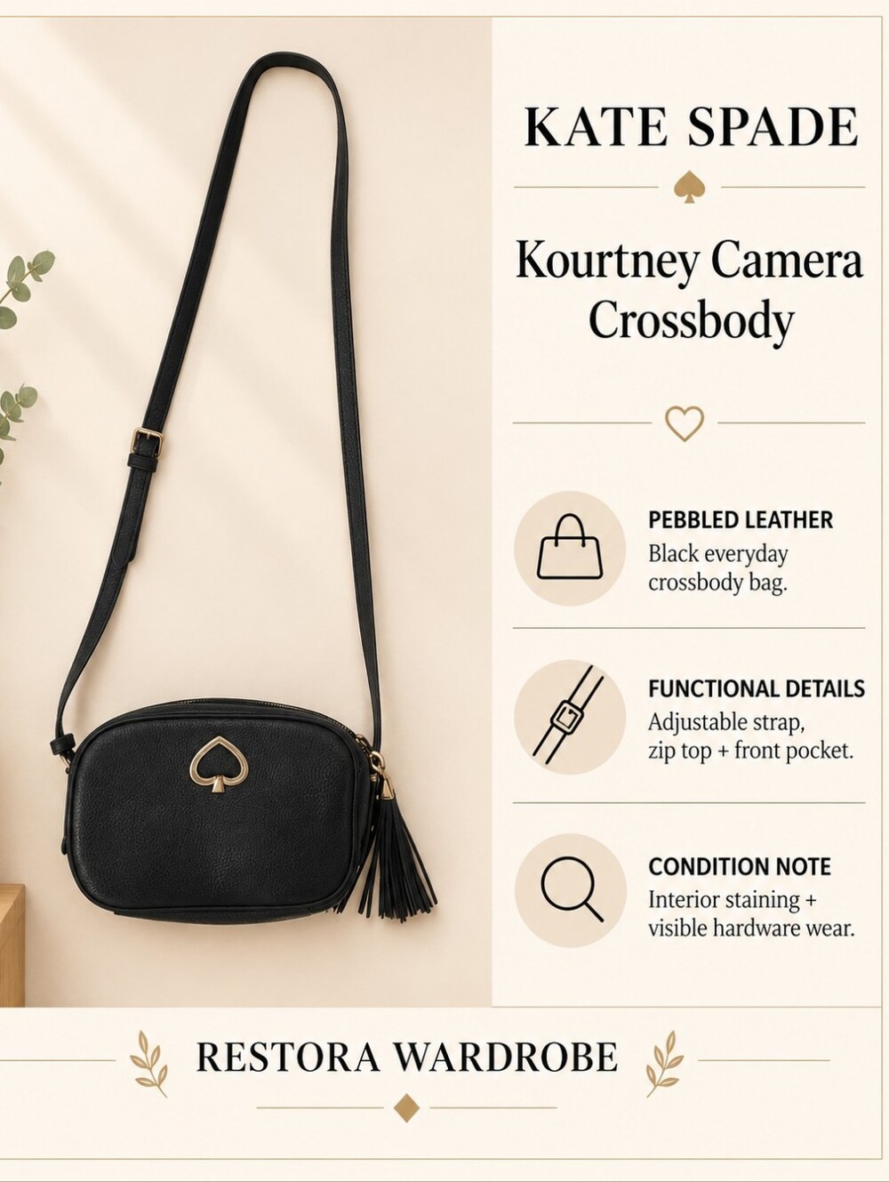Kate Spade Kourtney Black Pebbled Leather Camera Crossbody Tassel Bag *FLAWED*